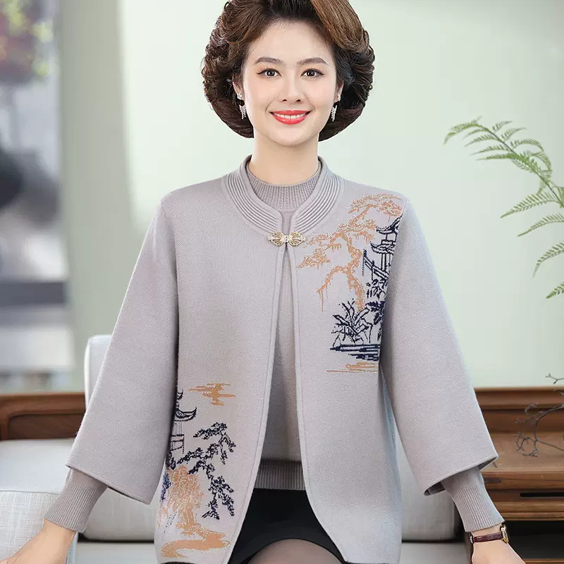 秋季妈妈装针织毛衣两件套大码宽松休闲套装中国风外套中老年女装