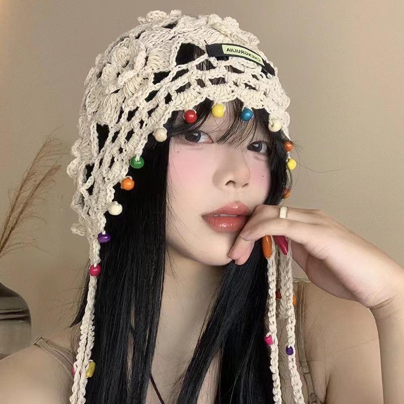 波西米亚风针织套头帽镂空珍珠流苏吊坠包头帽女夏季复古显脸小帽|undefined
