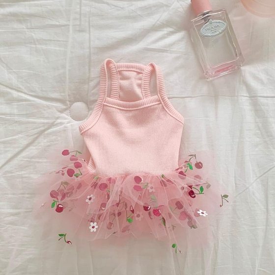 Spring and summer new dog puffy skirt cat teddy bear Yorkshire boomey skirt cherry print clothes