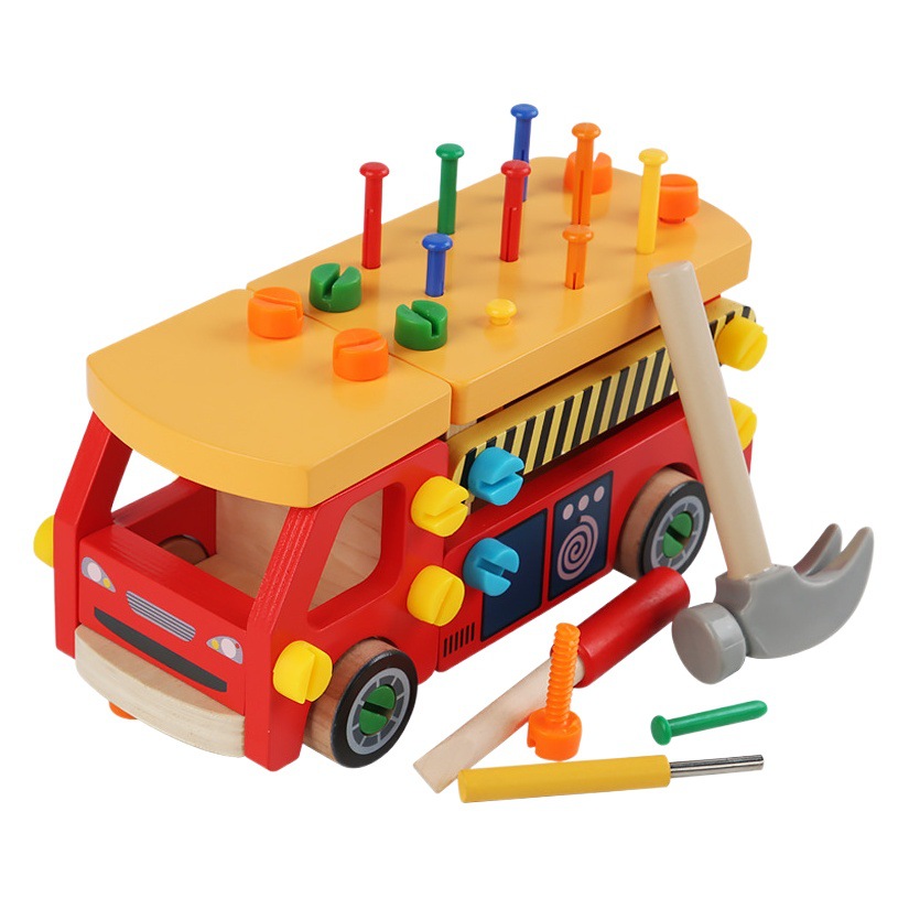Children's Assembly Toy Fire Truck with Screws and Nuts, Multifunctional Nail-Pulling Exercise for Developing Fine Motor Skills, Disassembly and Assembly Educational Toy