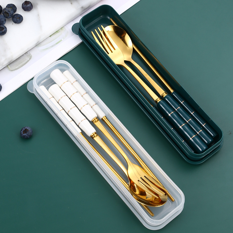 Palillos de acero inoxidable traje de cuchara estudiante vajilla portátil cuchara de tres piezas tenedor caja de almacenamiento de mango de cerámica