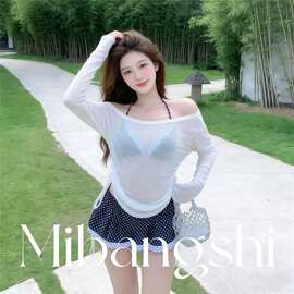 纯欲风可爱波点分体泳衣女防晒罩衫三件蕾丝蛋糕裙海岛度假泳装女
