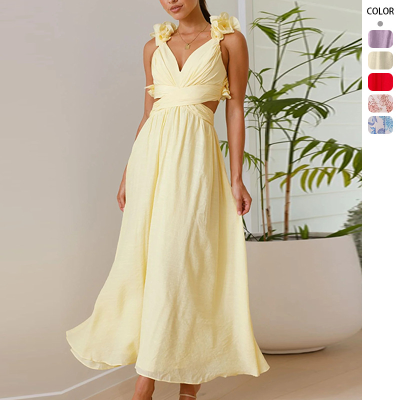 2026 Cross-Border Summer Hot-Selling Chiffon Floral Dress with Backless Cross-Tie Ruched Large Hem Gown for Women
