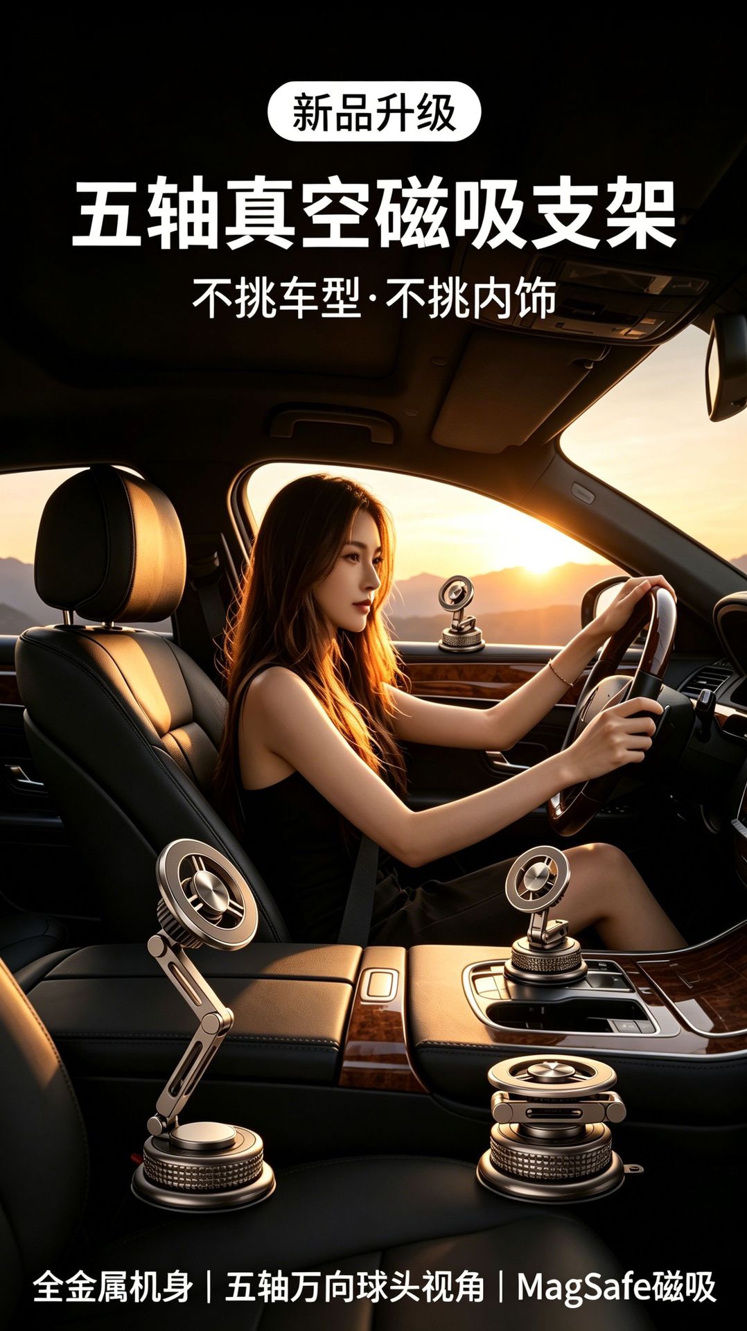 Cross-border all-metal extended arm car magnetic mount, foldable, electroplated vacuum suction car phone holder