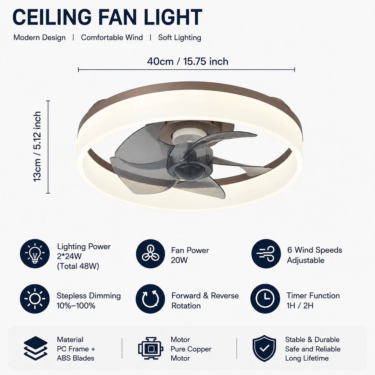 Ventilador de Techo con Luz de Acrílico y ABS, Control Remoto, Control por App, para Dormitorio y Comedor