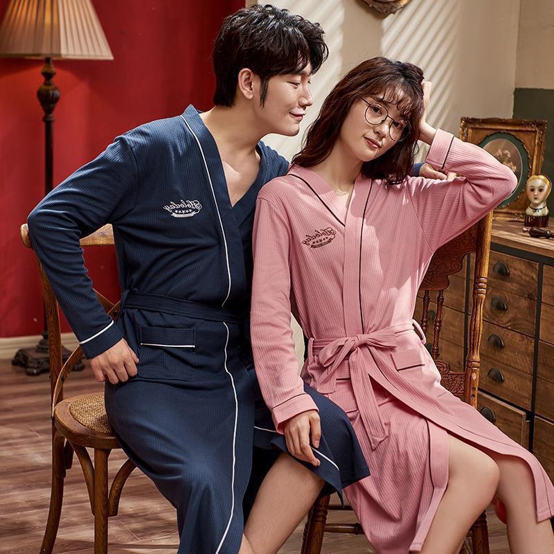 커플의 밤가운 봄과 가을 긴 목욕 가운 여성과 남자의 가을과 겨울 긴 소매 얇은 일본식 잠옷 쌍