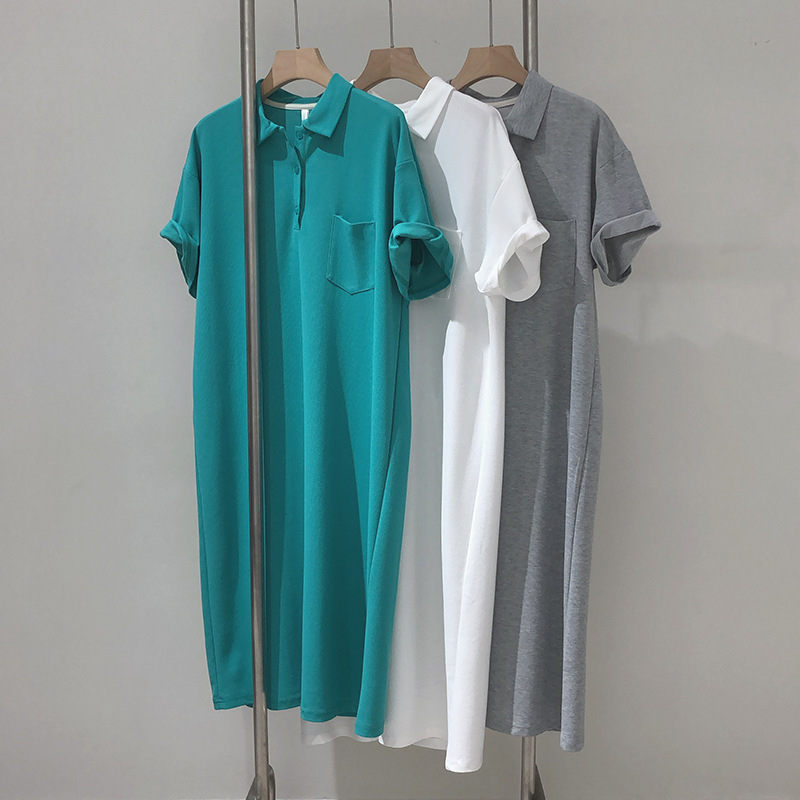 Korean Polo Collared Cotton Dress Plus Size Fat mm Summer Casual Loose Slimming Look Short-Sleeved Over-The-Knee Lazy T-Shirt Dress