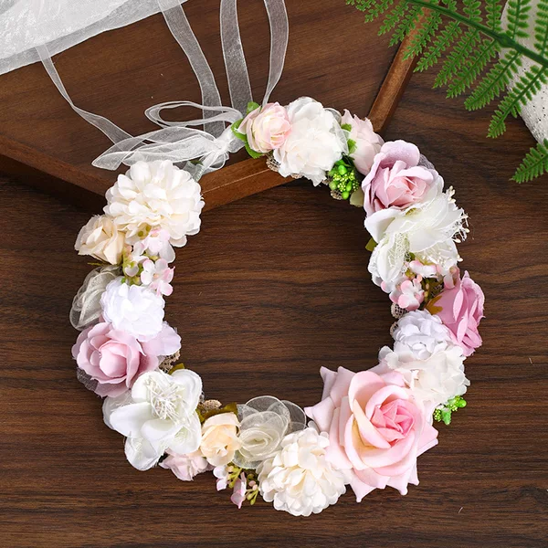 Mori Girl Garland Headdress Performance Simulated Flower Headband Korean Wedding Gauze Bride Photo Studio Seaside Vacation Accessories