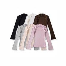 美ins网红风格不规则早秋欧美ins明星同款大方领口收腰显身材T恤