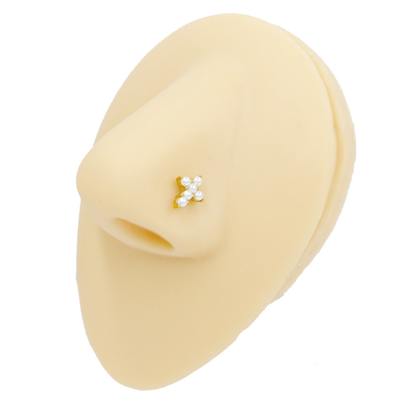 Classic Pearl And Zircon Petal Nose Stud In Stainless Steel_voghion.com