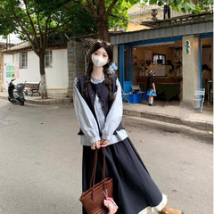 文艺复古森系套装茶系百搭马甲叠穿长袖撞色半身裙春秋女装三件套