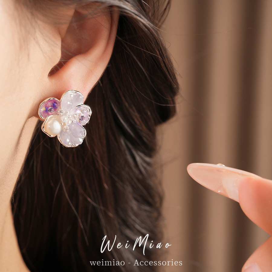 Agujas de plata flores de zircón perlas pequeñas perlas frescas temperamento dulce pendientes de moda ligero lujo alta sensación de auriculares al por mayor image 5