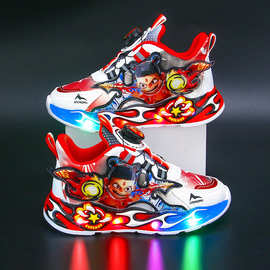 批发带灯男童鞋2025春秋新款皮面防水哪吒儿童运动鞋旋转扣跑步鞋