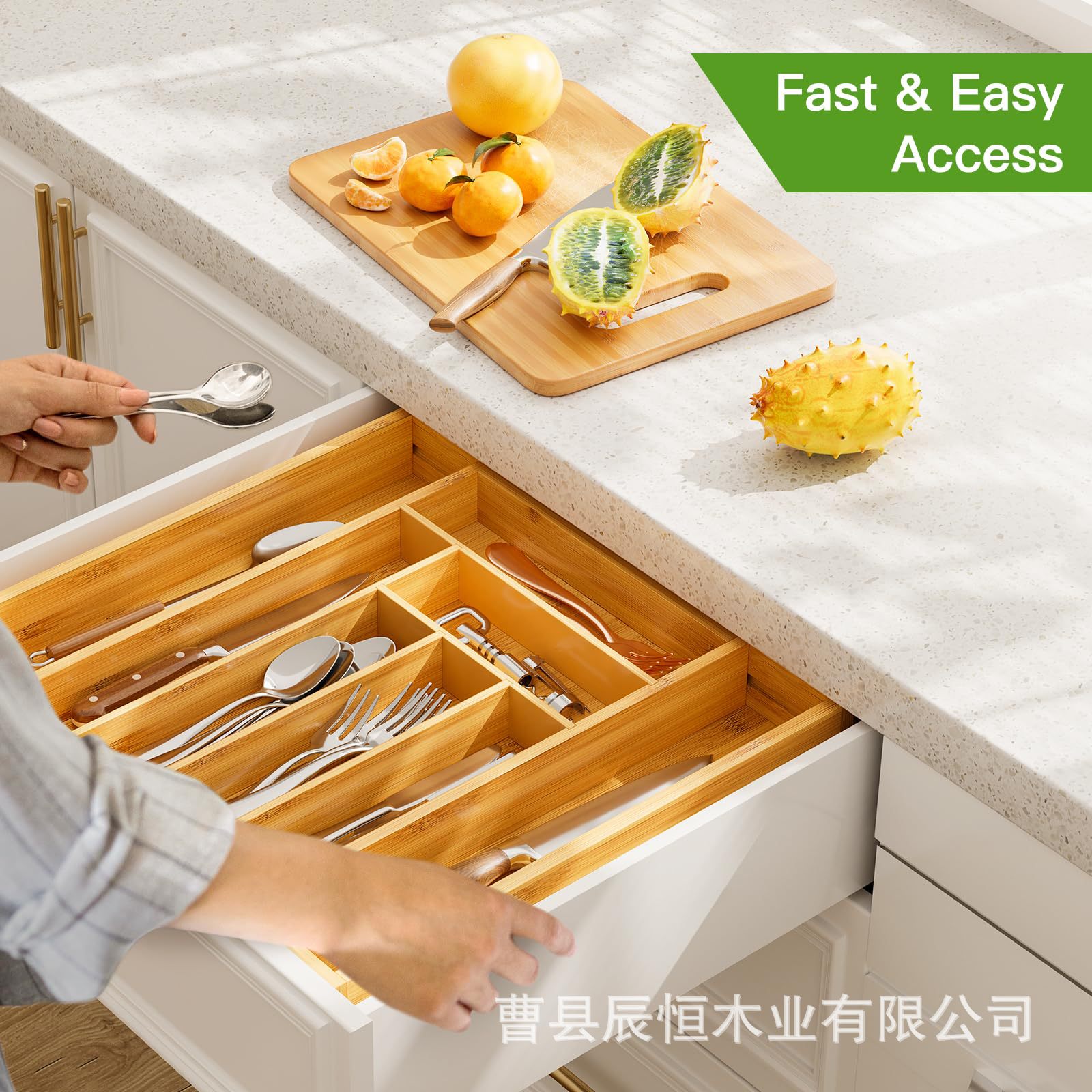 Caja de almacenamiento de cuchillos de bambú Caja de acabado dividida de cuchillo y tenedor retráctil de cocina Caja de almacenamiento de vajilla tipo cajón de cocina