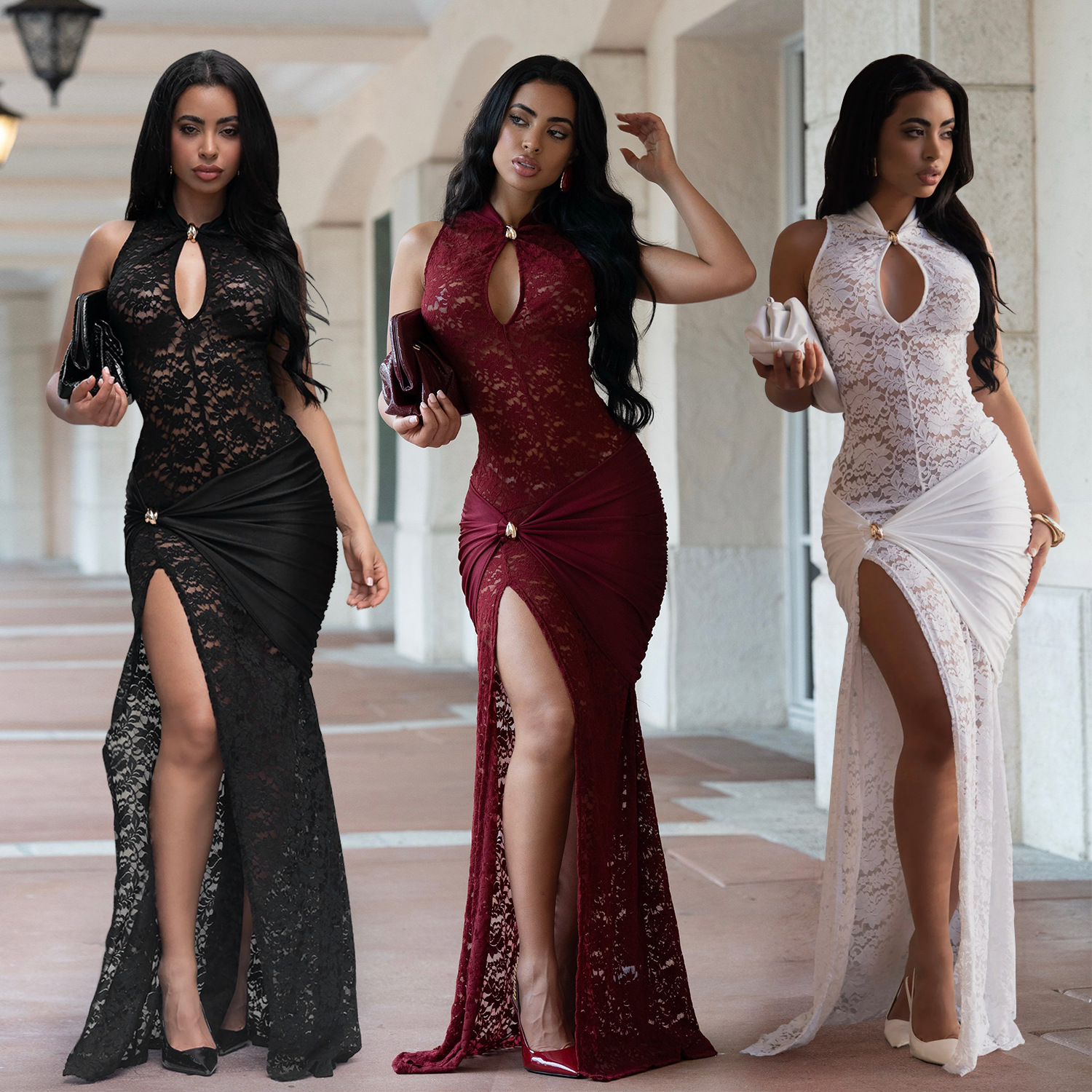 C7641 Aliexpress transfronterizo amazon ropa de moda europea y americana de mujer sexy encaje hueco bifurcado vestido delgado