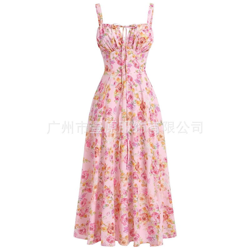 Cross-Border European and American 2026 Amazon Summer New Printed Tie-Back Strap Dress with Waist-Cinching Long Skirt