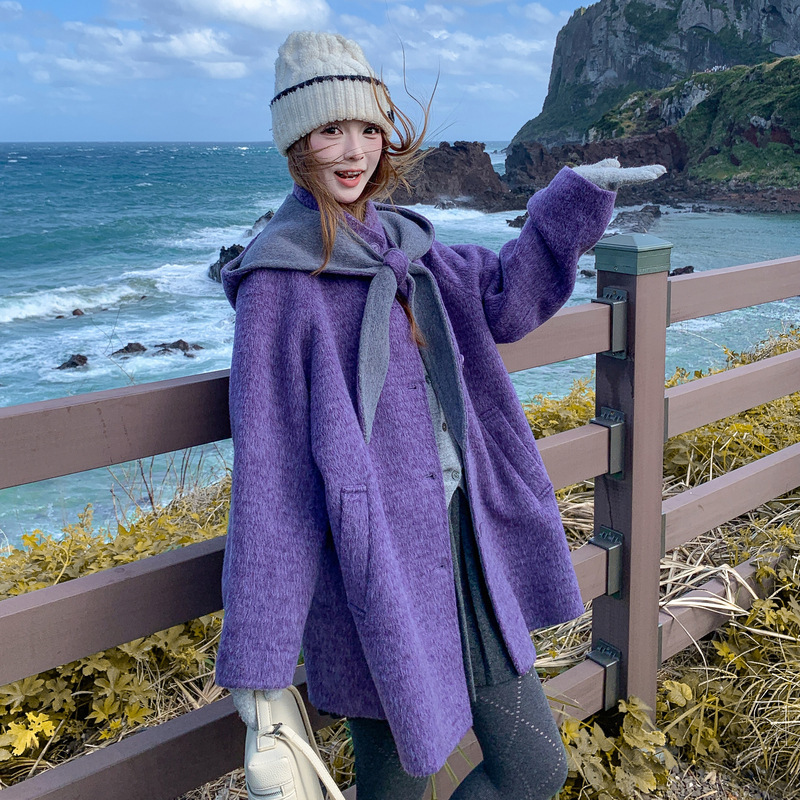 Real Shot of Purple Elegant Mid-Length Wool Outwear 2025 New Fashion Korean Style Age-Reducing Hooded Double-Sided Woolen Outwear
