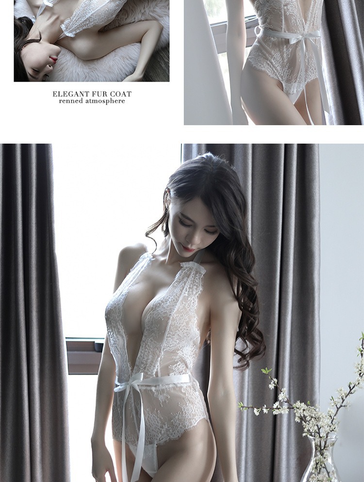 Plus Size Transparent Lace Lingerie Jumpsuit, White See-through Pajama Style — detail image 10