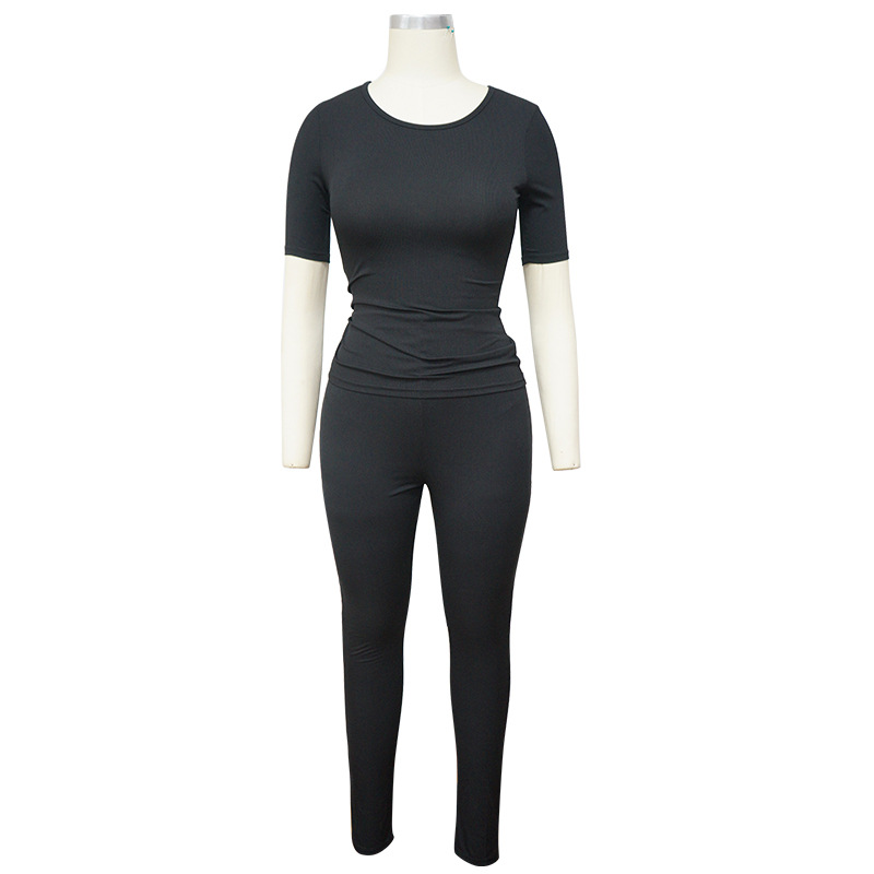 Women's Large Sport Two Piece Pit Stripe High Elastic Solid Color Set_voghion.com