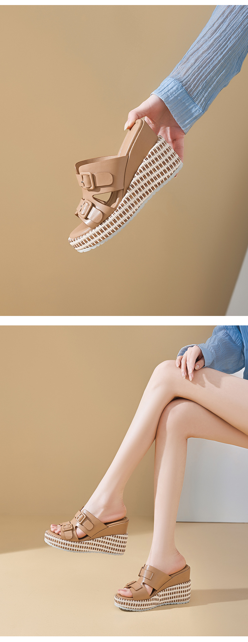 Sandal cao gót nữ đế xuồng da thật quai khóa mũi hở — màu đen, màu nâu nhạt, Trắng kem- chi tiết 9