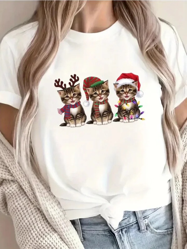 Women's Christmas Cat T-Shirt Cute Santa Soft Crew Neck Casual Top Holiday Party Wear Pattern T-Shirt Print Women's Christmas Cat T-Shirt Cute Santa Soft Crew Neck Casual Top Holiday Party Wear Pattern T-Shirt Print