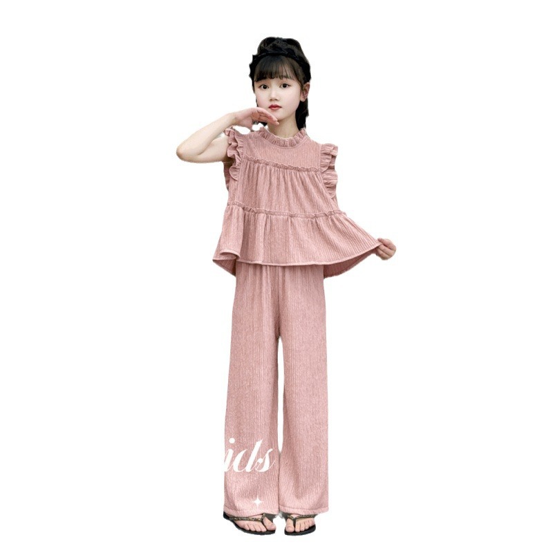 in dekliška poletna oblačila 2024 nova srednje velika do velika otroška majica brez rokavov, široke hlače v princeskinem slogu, dvodelna_voghion.com