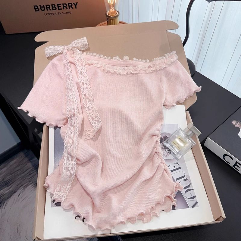 甘いピンクのレースのリボンワンラインカラー半袖Tシャツレディース夏ootd着用ニット耳トップ|undefined
