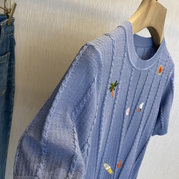 Heart-Pounding! ! so Beautiful, Holiday Beach Embroidered Twisted Wool Knitted Short-Sleeved T-Shirt