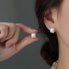 蒂奇纯银999轻奢几何仿珍珠耳扣女精致简约方糖耳环温柔小众耳饰