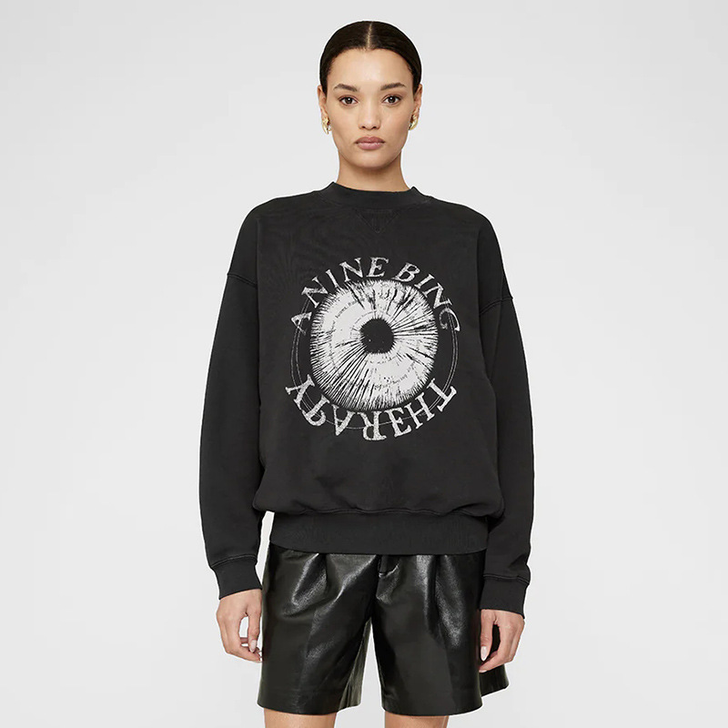 Clearance Sale at a Loss~No Returns or Exchanges~Black Women's Sweatshirt with Front Eye Print and Graffiti Print on the Back, Washed and Enzyme-Washed