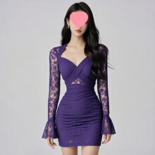 2025长袖气质蕾丝拼接紫色连衣裙女秋冬名媛宴会修身性感包臀裙子