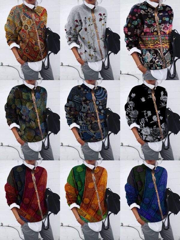 9434# Europe and the United States cross-border Amazon wish foreign trade women's fashion sanding geometric printed cardigan long sleeve coat