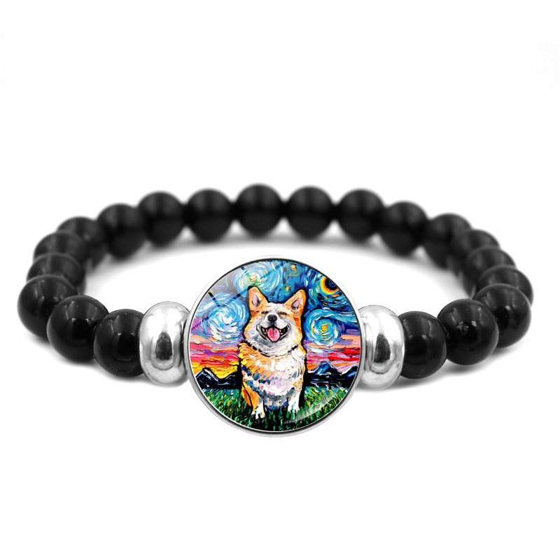 Van Gogh Starry Moon Night Oil Painting Bracelet Women's All-match Black Elastic Beaded Bracelet Corgi Dog Hand Jewelry under the Star