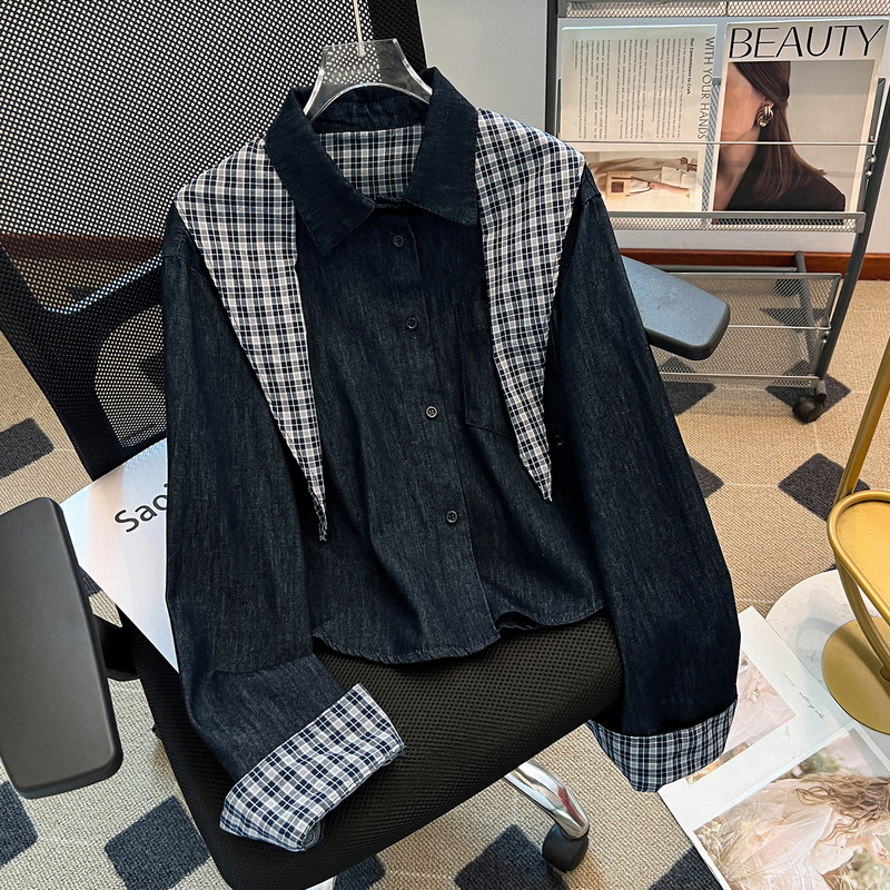 Denim Shirt Jacket with Plaid Shawl for Women 2025 Early Autum New Korean Style Thin Long-Sleeved Shirt Jacket