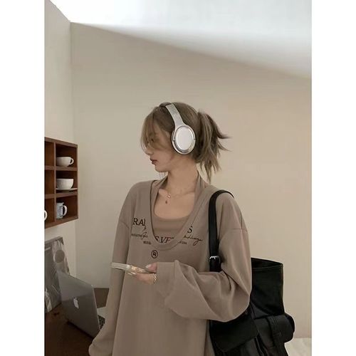 Layered design sweet and spicy set of medium-length hoodie for large size plus size mm autumn letter V-neck top two-piece set
