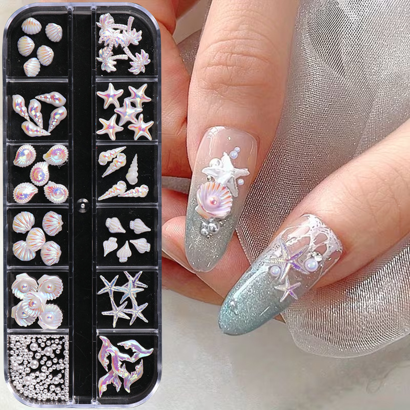 Cross-Border New Nail Art Decorations 12-Piece Set Summer Ocean Style Aurora Palm Tree Shell Conch 3D Nail Decorations