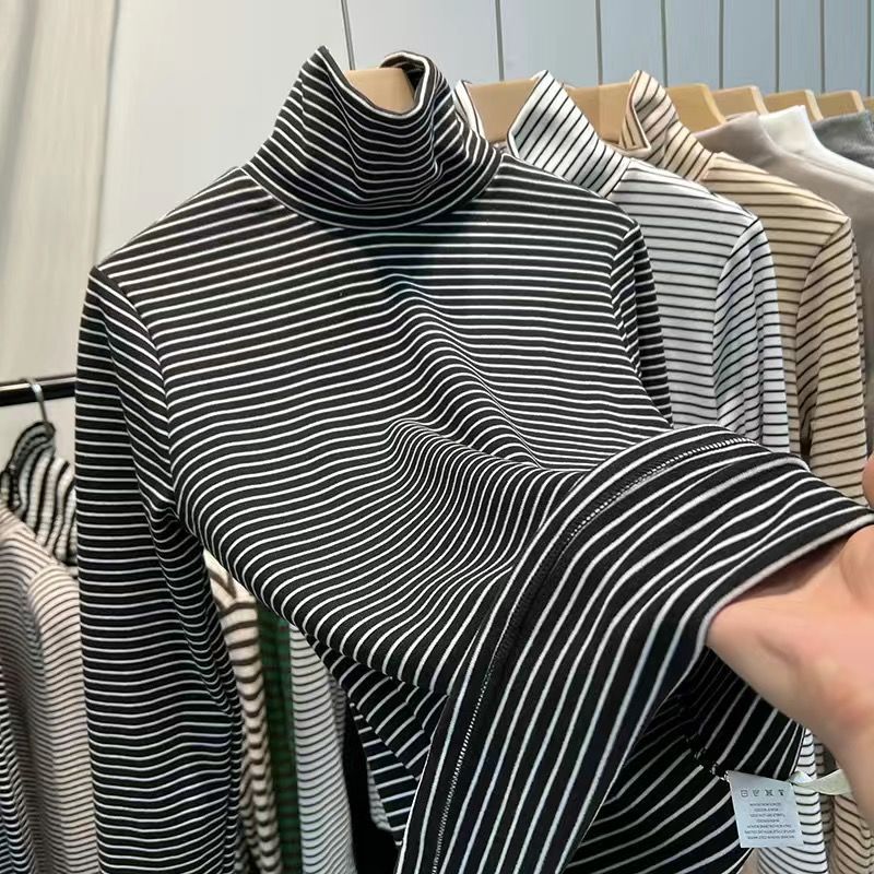 2件装条纹德绒加厚打底衫男女秋冬季内搭高领长袖t恤保暖衫上衣潮