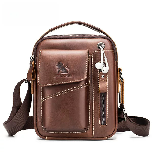 Genuine Leather Men's Crossbody Bag, First-Layer Cowhide, Large Capacity, Vintage Shoulder Bag, Men's Mobile Phone Bag, High-End Commuter Small Bag