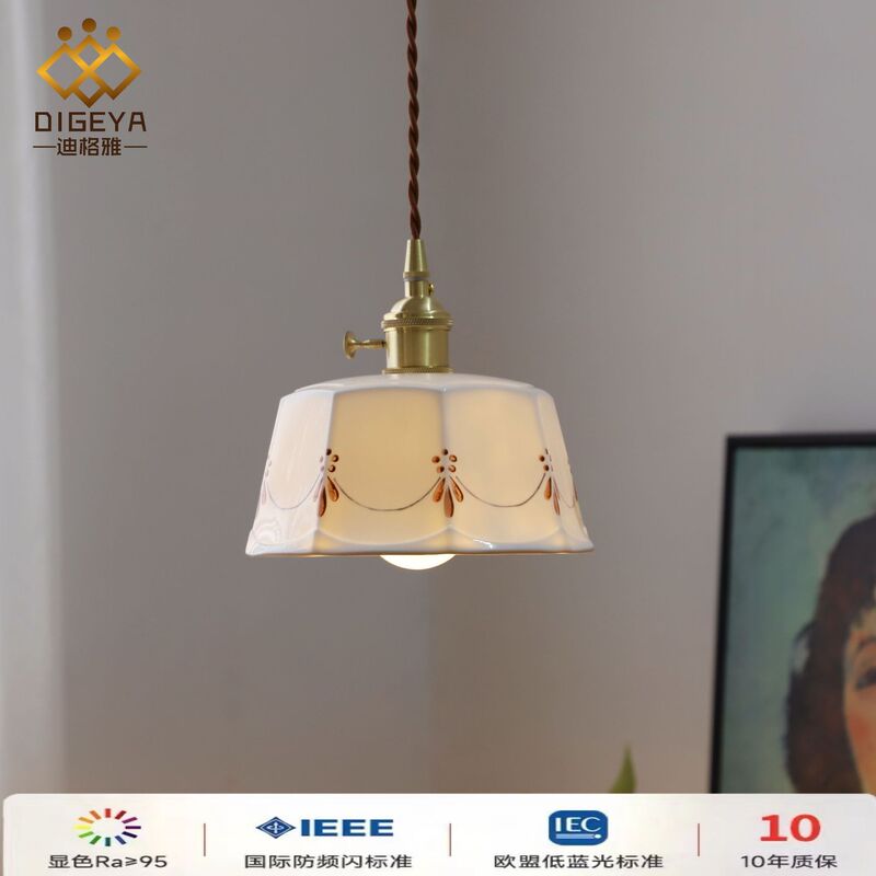 Japanese Style Vintage Brass Glazed Hand-painted Ceramic Chandelier Simple Bedroom Bedside Restaurant Bar Counter Entrance Bay Window Lamps