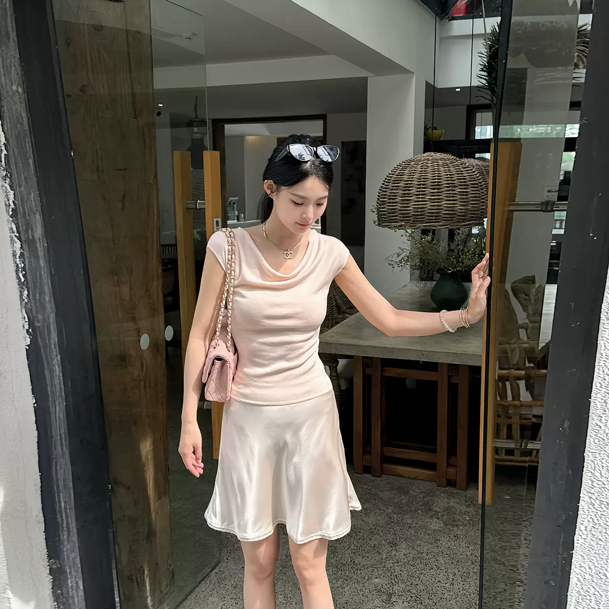 娇娇女友 天丝莱赛尔优雅荡领小飞袖上衣气质修身短袖夏季轻薄T恤
