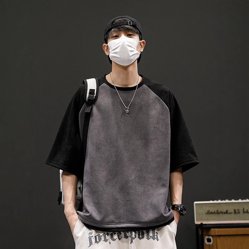 American Suede Heavyweight Short-Sleeved T-Shirt Men's Design Niche Top Summer Loose Color Matching Casual T-Shirt American Suede Heavyweight Short-Sleeved T-Shirt Men's Design Niche Top Summer Loose Color Matching Casual T-Shirt