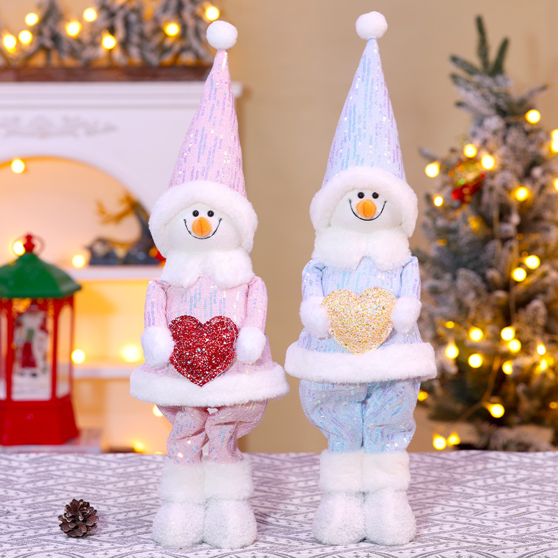圣诞节伸缩雪人摆件粉色蓝色亮片长腿娃娃圣诞玩偶礼物摆件装饰品