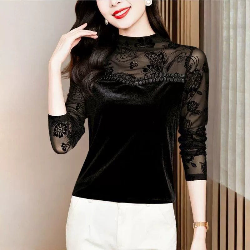 Женские топы с полугольфом 2025, весна и осень, новые модные кружевные рубашки с длинными рукавами, модные и стильные рубашки