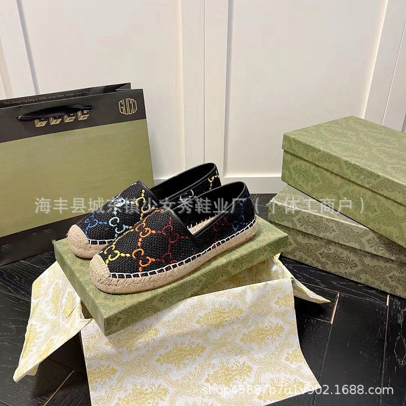 Comercio exterior transfronterizo G bordado estándar estampado zapatos de pescador 2025 suela de goma tejida boca poco profunda zapatos casuales de un solo pedal