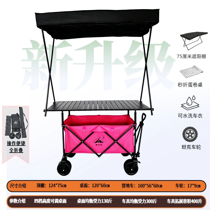 Carro Plegable de Campamento y Puesto de Metal con Mango Telescópico para Picnic al Aire Libre
