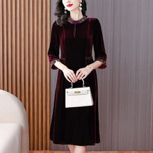 丝绒垂坠感加厚真丝连衣裙长袖2025春秋新款全丝绒婚宴礼服裙子