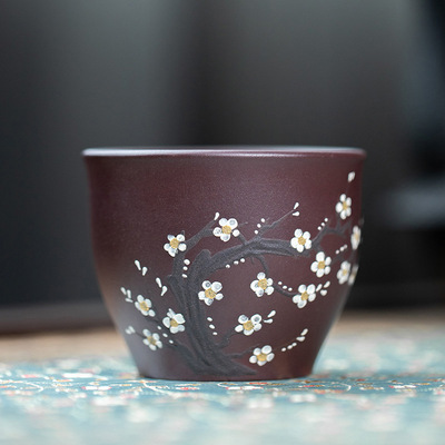 宜兴原矿紫砂老紫泥手工绘梅花玉兰主人杯办公室喝茶品茗茶杯口杯|ms