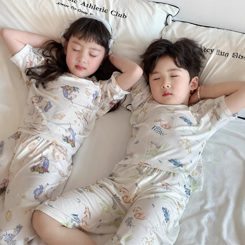 Children's Pajamas Summer Type a Thin Three-Quarter Sleeve Boys and Girls Rayon Home Wear Set Baby Air-Conditioning Clothing