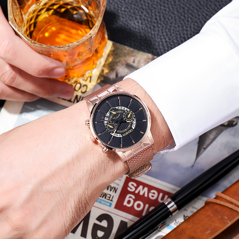 Gefälschte drei GENF Augen Freizeit Business Kalender Netz mit Herren Quarzuhr_voghion.com