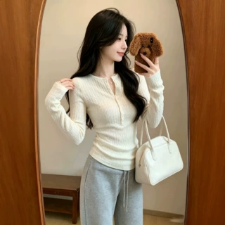 韩系麻花亨利领正肩长袖针织衫女装秋冬修身内搭打底针织衫上衣